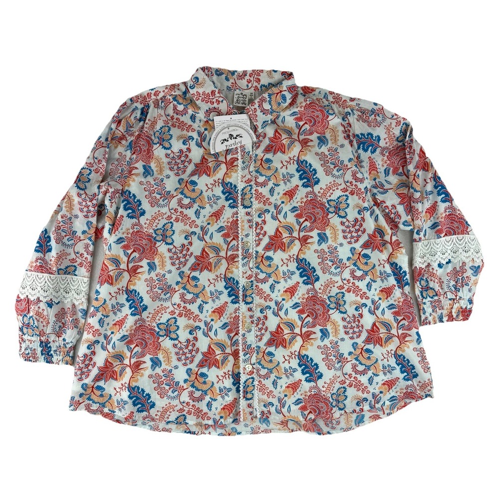 Parsley Sage Tunic Top Button‎ Up Womens 3X Multicolor Long Sleeve Paisley Shirt